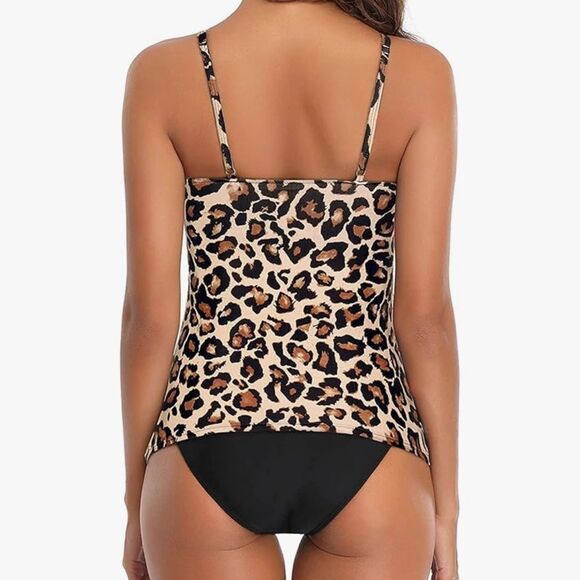 Tempt Me Leopard Two Piece Tankini Set Tummy Control High Neck Top NWT - Picture 2 of 7